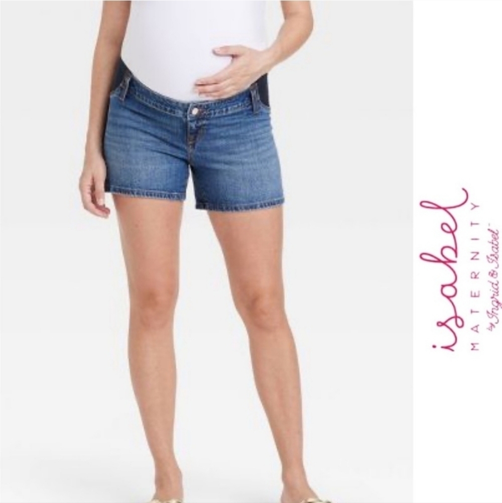 Isabel Maternity Denim Midi Shorts Size 6 Under Belly Stretch Panel Casual NWT